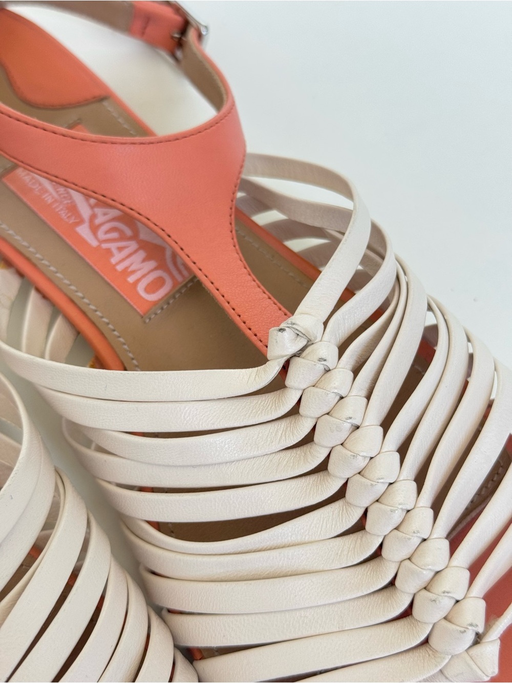 Salvatore Ferragamo Coral and Cream Woven Leather Slingback Sandals - Size 7 - Picture 7 of 9